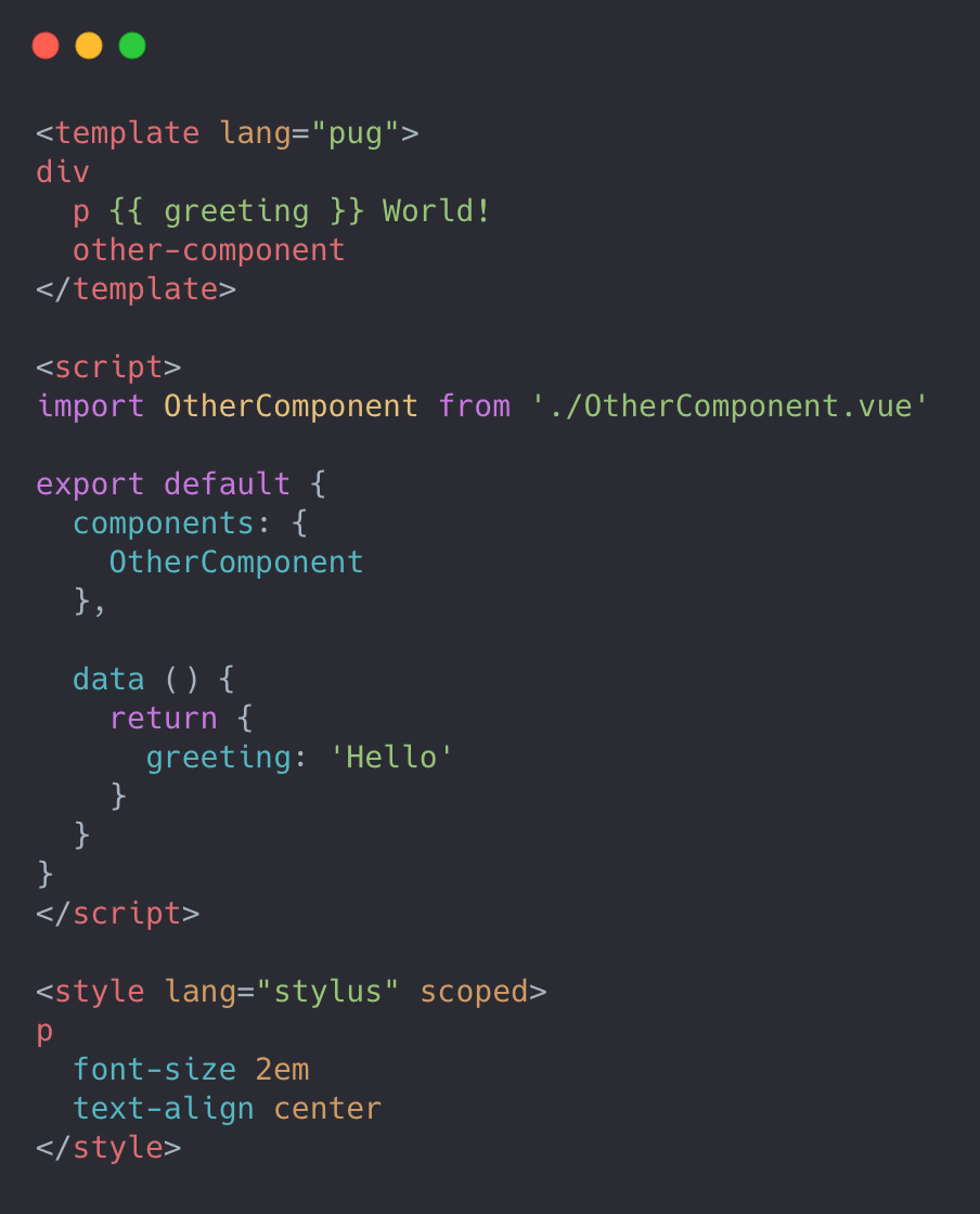 Single-file component with pre-processors example (click for code as text)